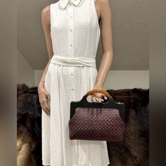 Colorblock Woven Cowhide Handmade Wooden Frame Top Handle Satchel, Crossbody Bag - Picture 10 of 16